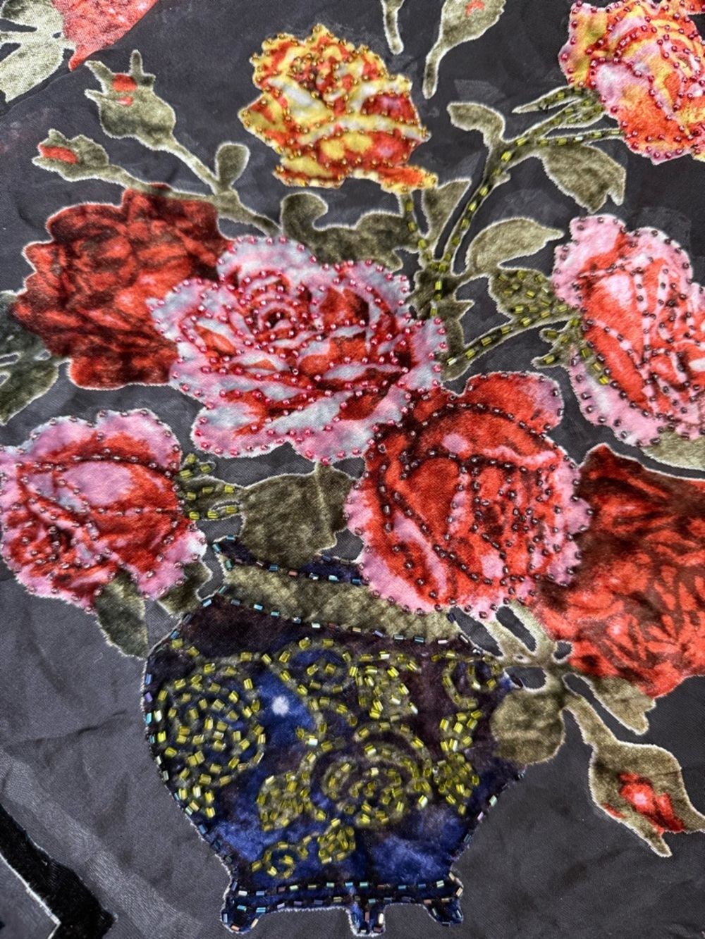 EUC Semi-Sheer Shawl with Velvet Design & Beading, 40”x40” - Picture 7 of 7
